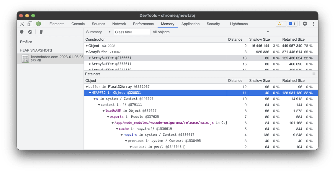 Memory tab of the Chrome DevTools showing a summary of a heap snapshot with an ArrayBuffer constructor selected and an object called HEAPF32 that has a retained size of 125,931,130
