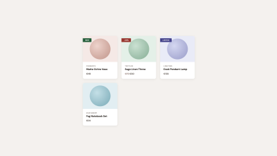 Product cards with colored corner badges like “New,” “–30%,” and “Limited.”