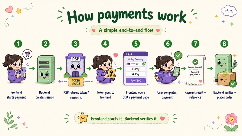 Eight-step end-to-end payment flow showing the frontend starting a payment, backend session creation, PSP token generation, payment completion, result creation, and backend order verification
