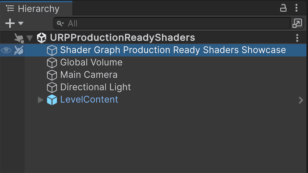 Select the Shader Graph Production Ready Shaders Showcase asset in the Hierarchy panel