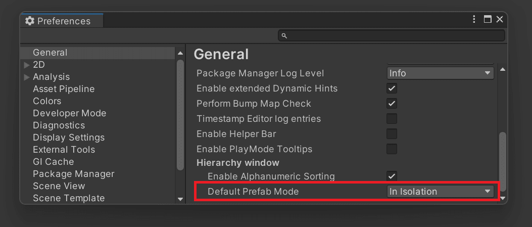 Default Prefab Mode in Editor Preferences