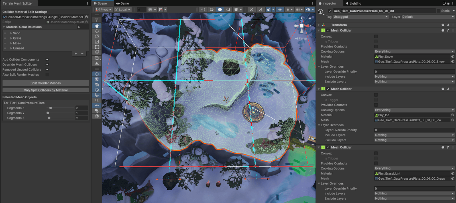 An in-Editor capture shows how an artist uses a Unity tool called Terrain Mesh Splitter to distribute mesh colliders for different terrains in the game