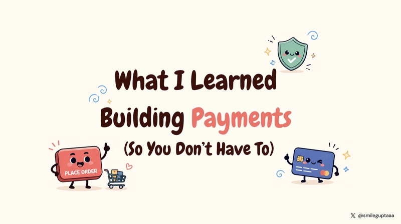 Title slide reading What I Learned Building Payments, So You Don’t Have To, surrounded by friendly Place Order, credit card, and shield characters with colorful doodles