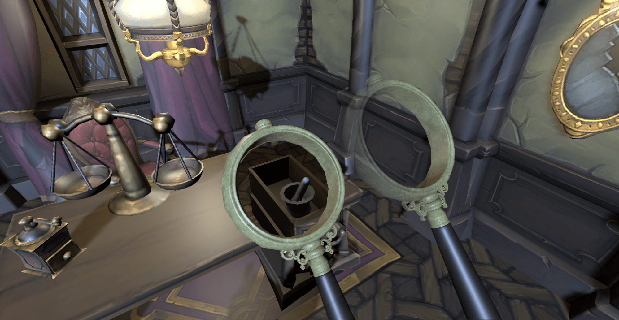 Stencils in action: As the magnifying glass moves over the desk, it can see through the drawers to reveal what’s inside.