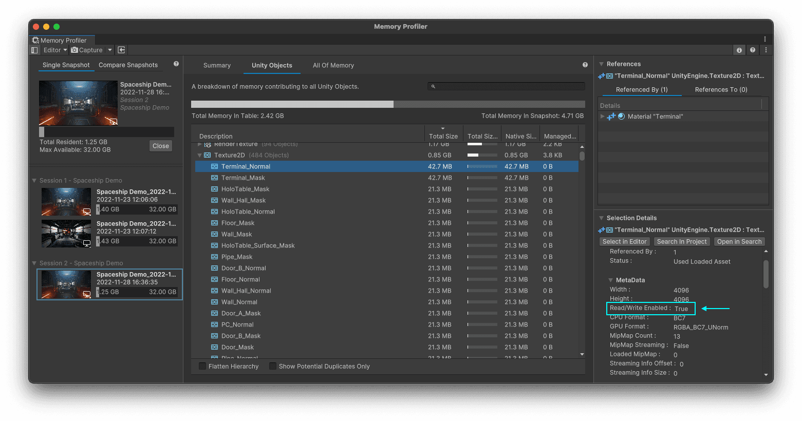The Details view displays additional information about the selected object, and reveals that our texture is “read/write enabled.”