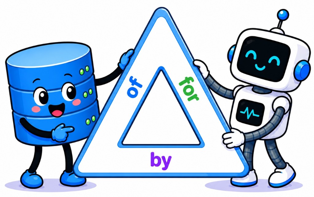 A database character and a robot agent holding up a triangle labeled 'of', 'for', and 'by'