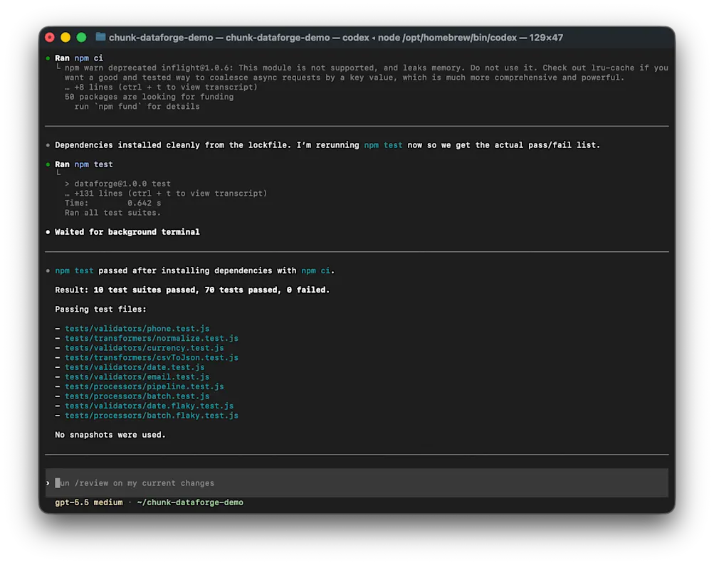 Running tests from the Codex CLI and examining their results