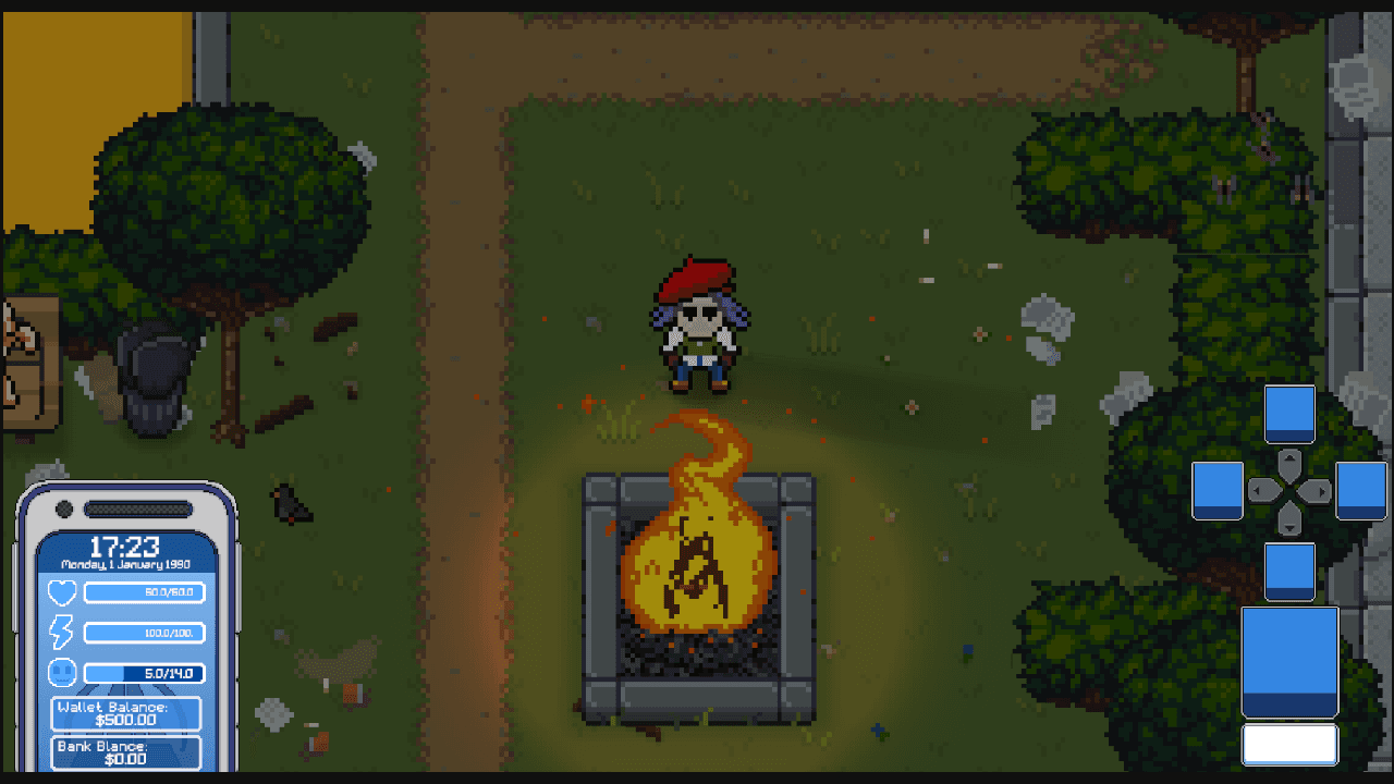 The player stands in front of a campfire while receiving a text message from a gallery in Psycasso