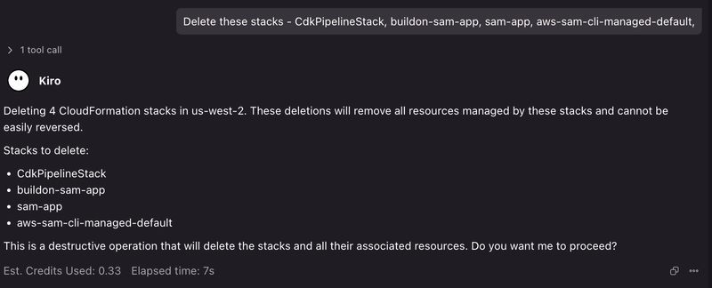 The agent listing the four stacks it is about to delete and asking me to confirm, warning that removing the resources cannot be easily undone