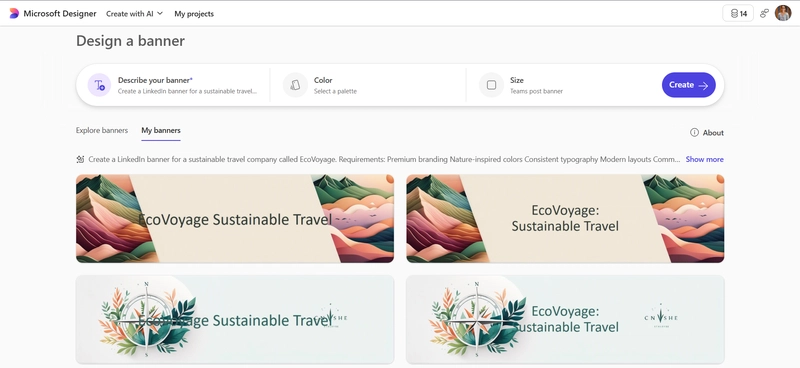 Microsoft Designer generating a modern LinkedIn banner for EcoVoyage with sustainable travel branding, clean typography, nature-inspired visuals, and professional marketing layout