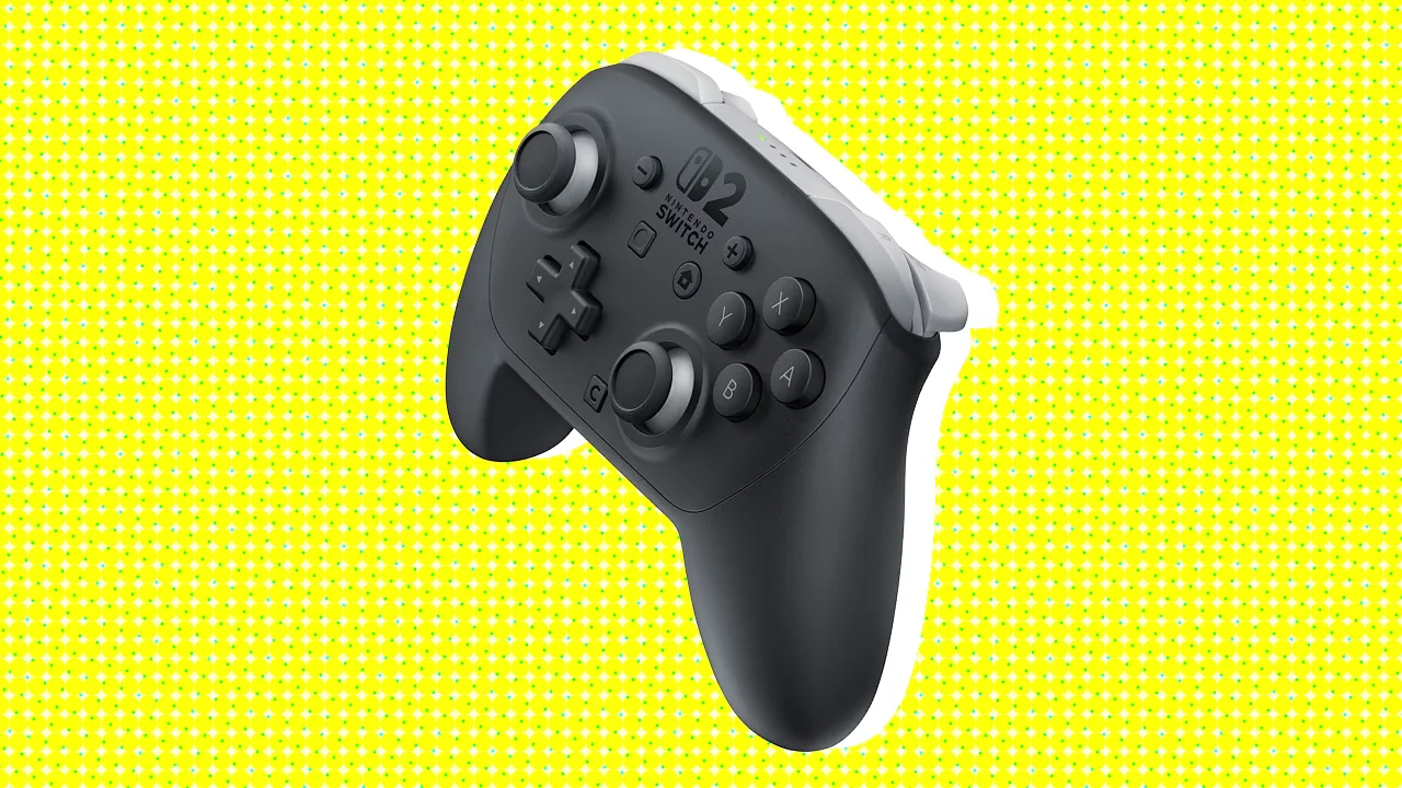 The Switch 2 Pro Controller on a bright yellow background