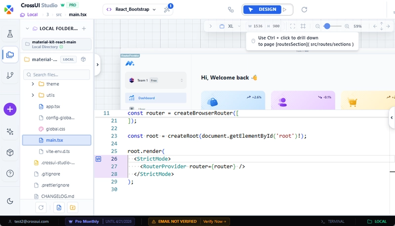 CrossUI Studio — visual IDE for React and MUI