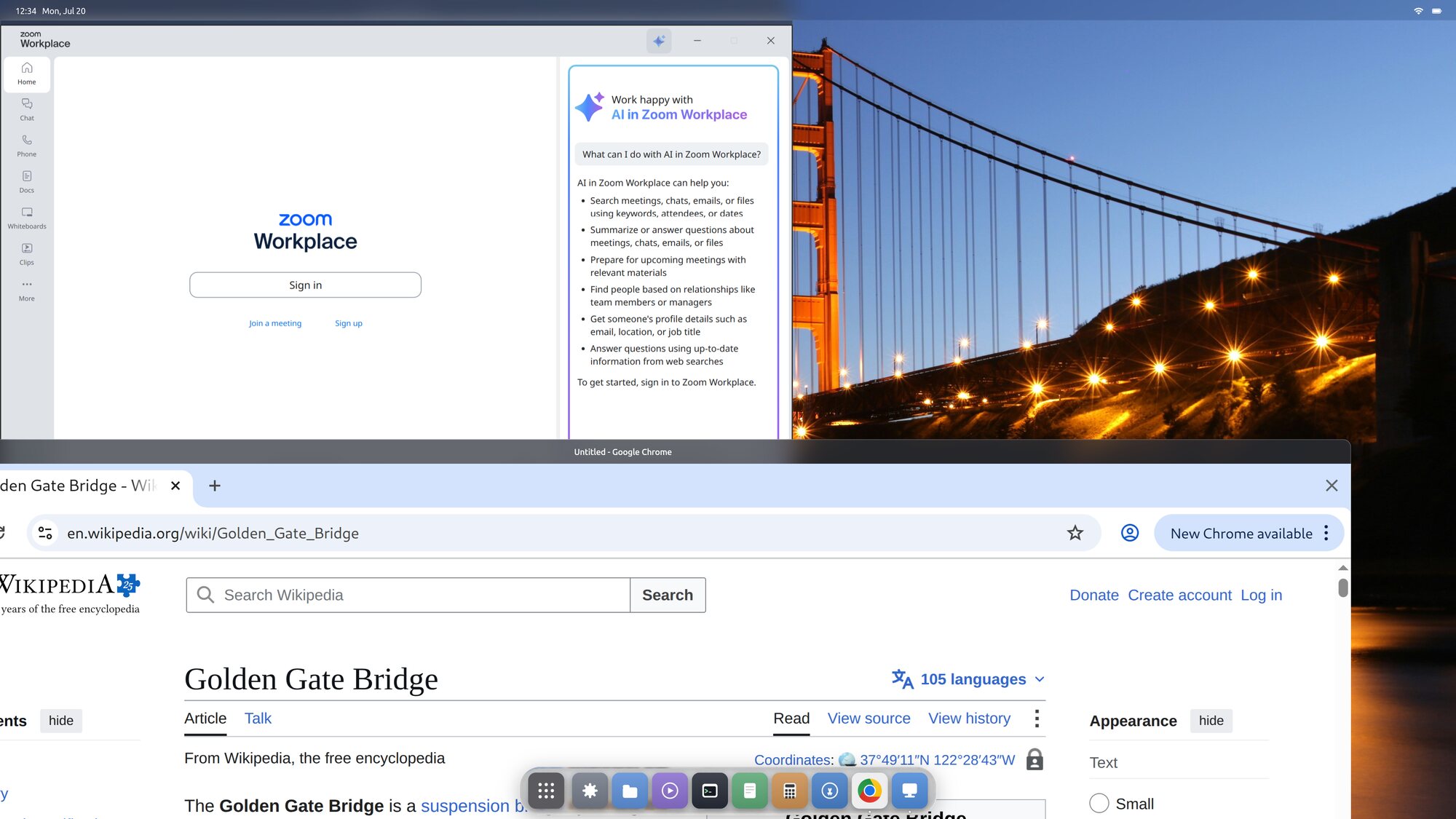The Starling desktop with Zoom Workplace open as an X11 client and Google Chrome open as a Wayland client, both composited into the same desktop over the wallpaper.