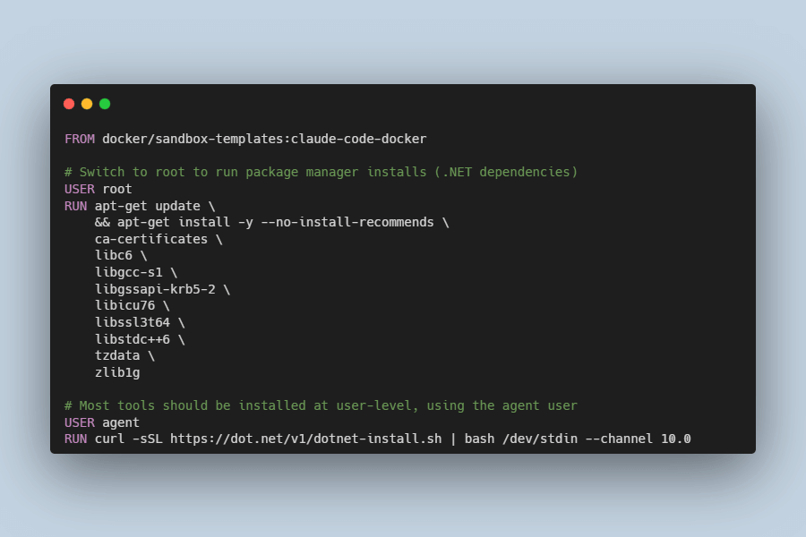 Running AI agents with customized templates using docker sandbox