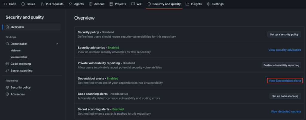 Screenshot of GitHub settings. Security and quality > View Dependabot alerts is highlighted.