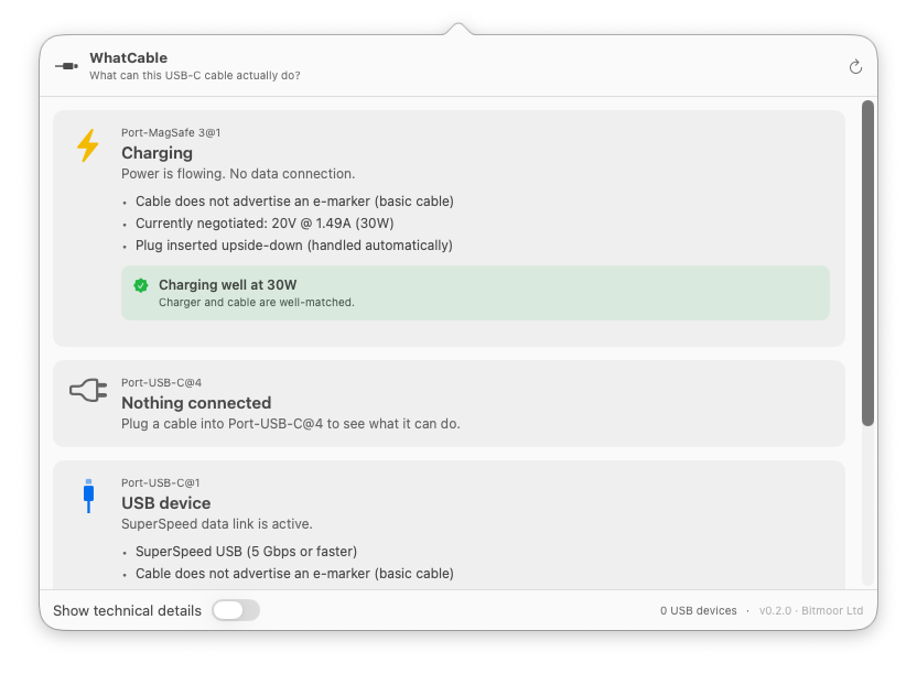 whatcable: macOS menu bar app that tells you, in plain English, what each USB-C cable plugged into your Mac can actually do