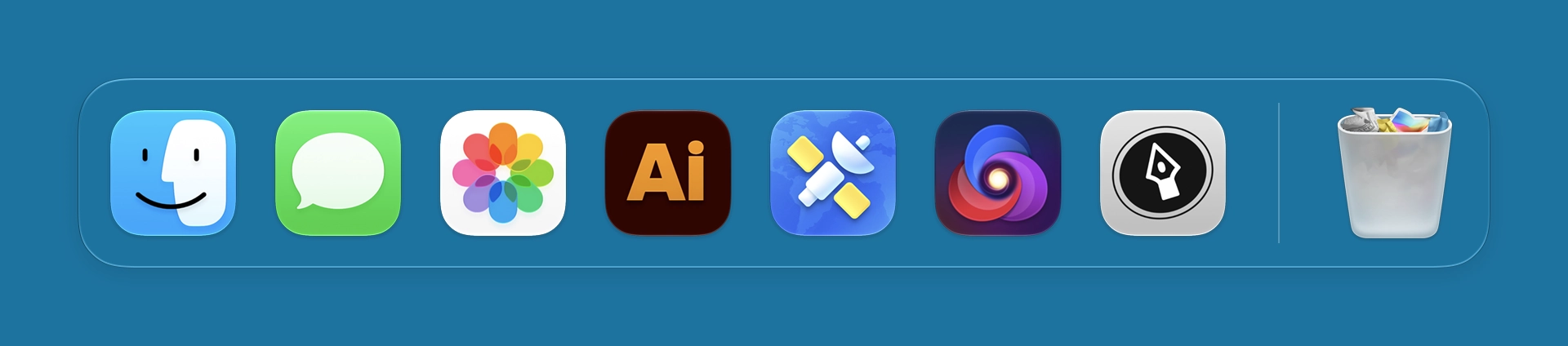 An illustration of a macOS Dock containing a few system icons alongside third-party app icons that are the same shape and size.