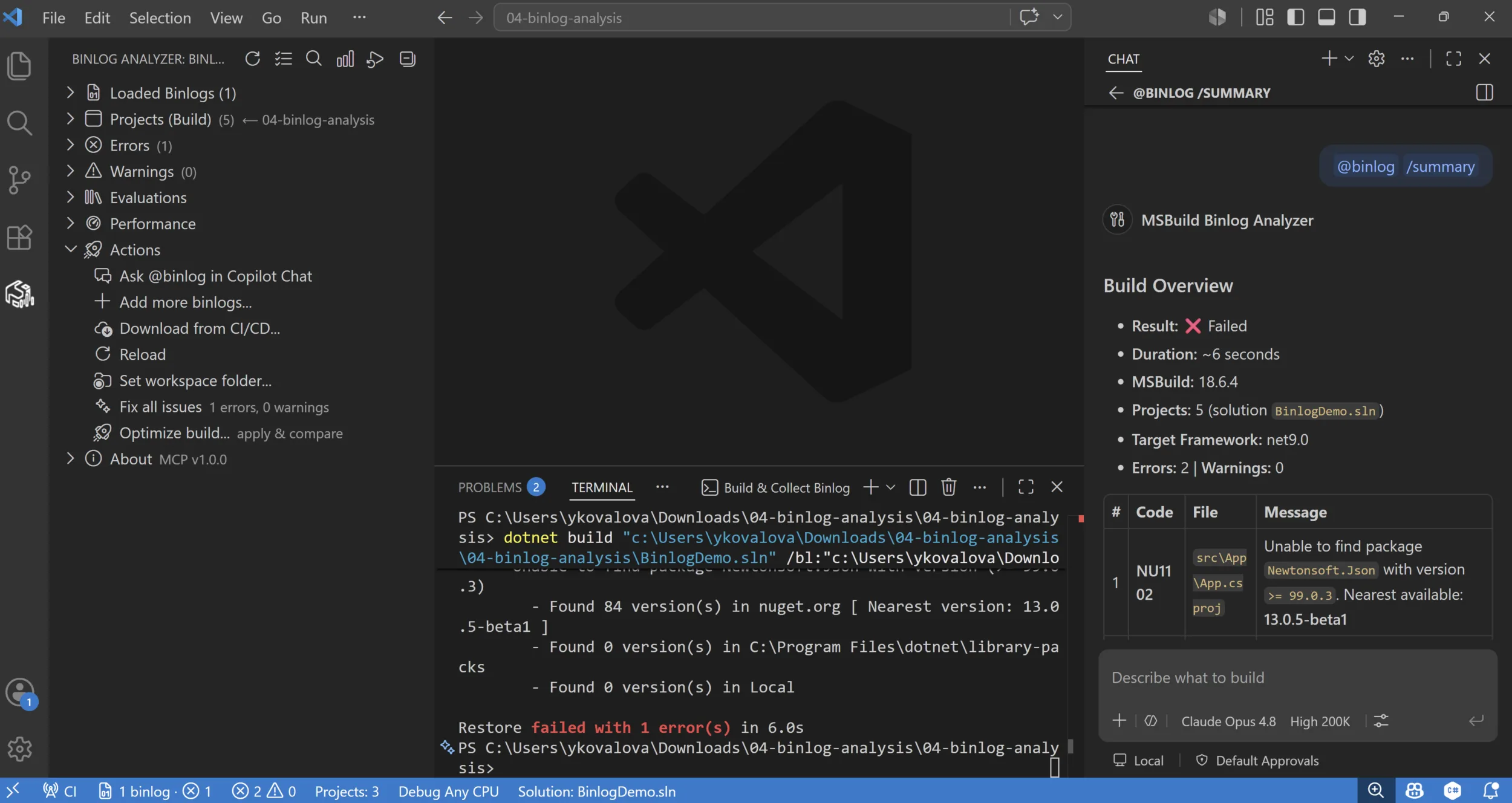 Build & Collect captures a log; @binlog /summary shows a Build Overview with result, duration, and error counts.