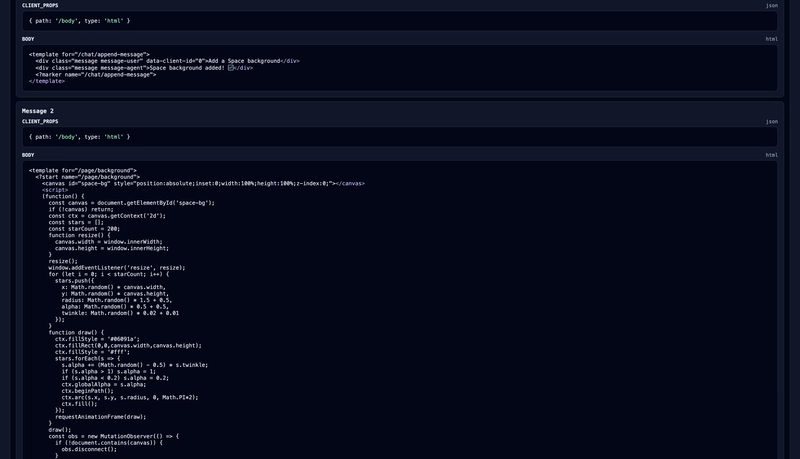 Debug view showing raw LLM message history with protocol delimiters visible