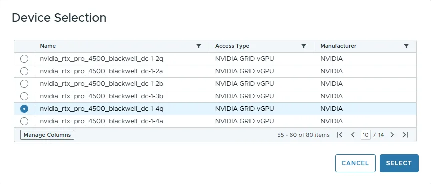 Screenshot showing a Device Selection window showing a list of NVIDIA GRID vGPU profiles. The nvidia_rtx_pro_4500_blackwell_dc-1-4q profile is selected.