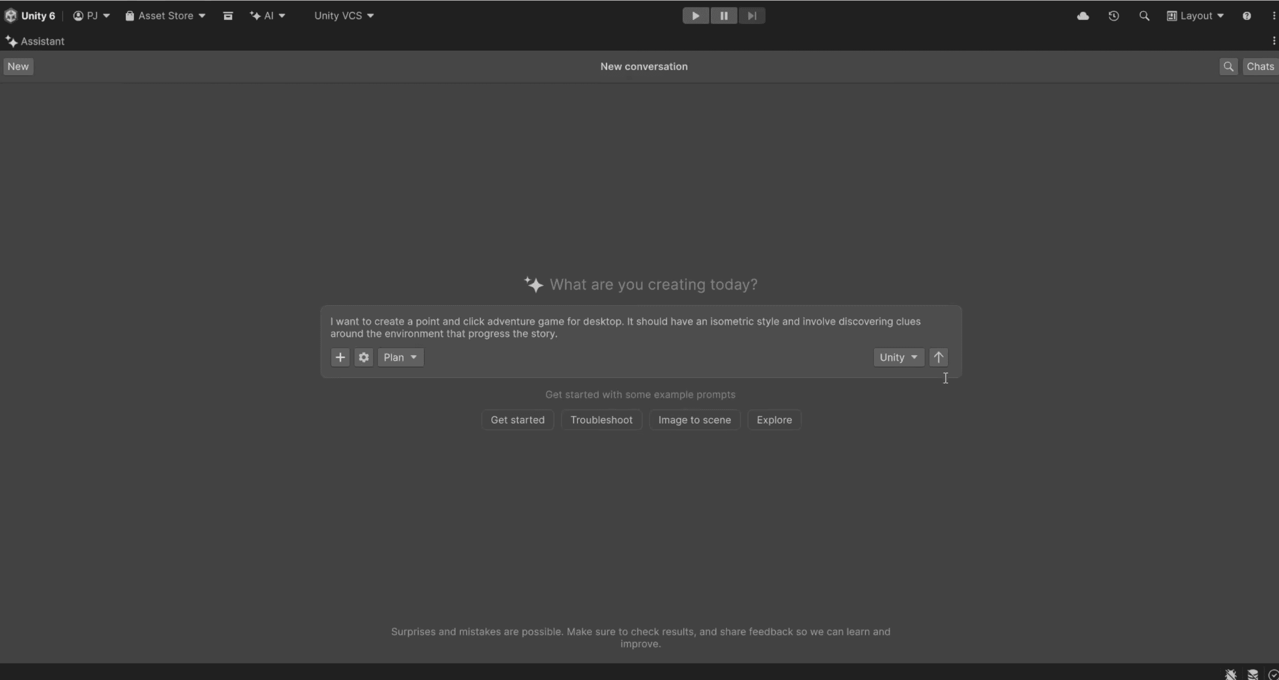 Unity's AI Assistant open in the Unity Editor. A user asks Assistant how to build a point-and-click adventure game prototype.