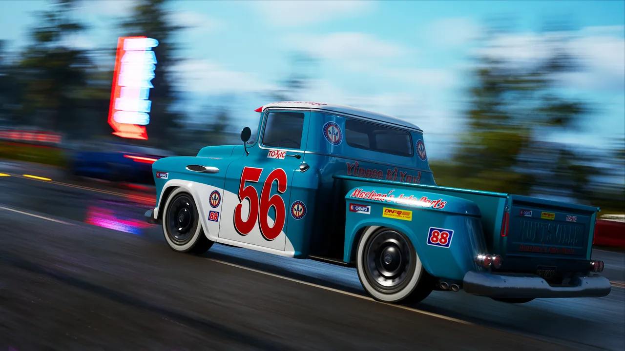 A screenshot of Wreckreation, showing a blue truck going at full speed