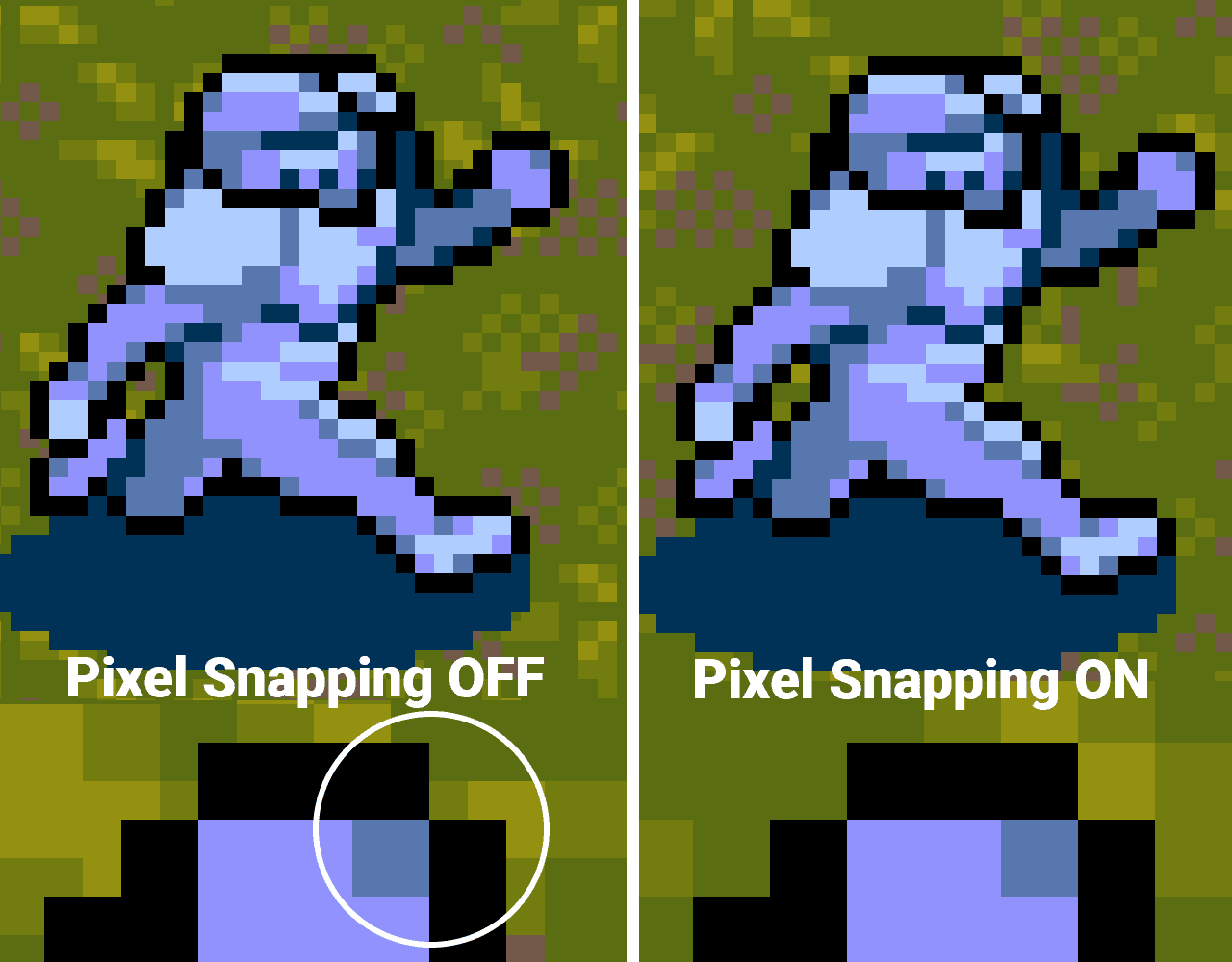 Pixel Snapping disabled. With our background at position (0, 0) and our character sprite at (1.075, 0), we get some pixels not lining up correctly. Notice how there are some pixels that are only half-covered by the shadow. Pixel Snapping enabled. Same positions - background (0, 0) and character sprite (1.075, 0). The pixels snap together perfectly.