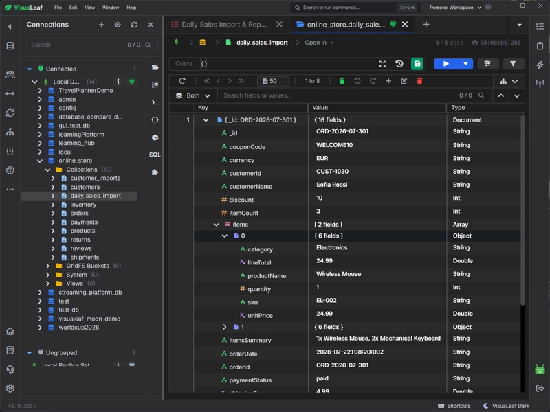 VisuaLeaf showing the daily_sales_import MongoDB collection with one imported order document expanded, including fields such as customerId, customerName, items, itemsSummary, and orderDate.