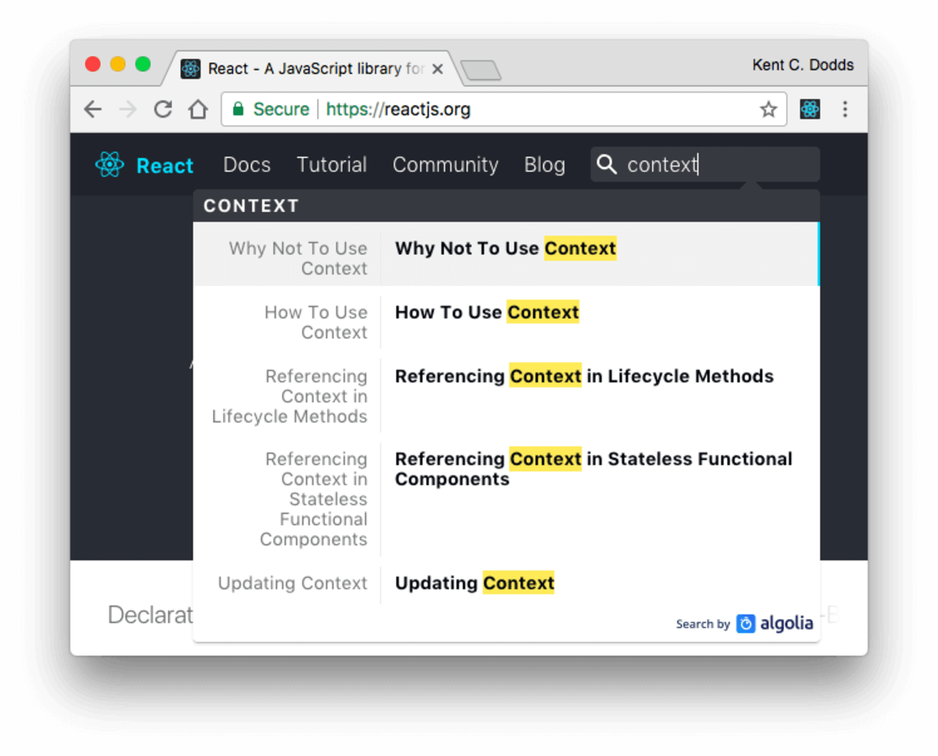 search result of context on the official react documentation site