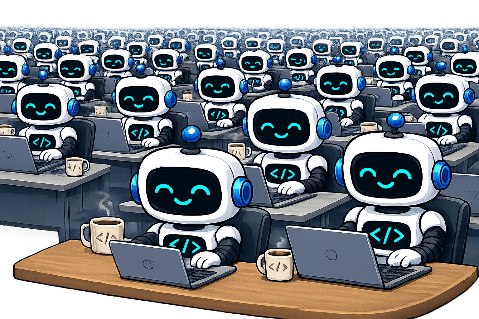 A swarm of AI agents working at laptops