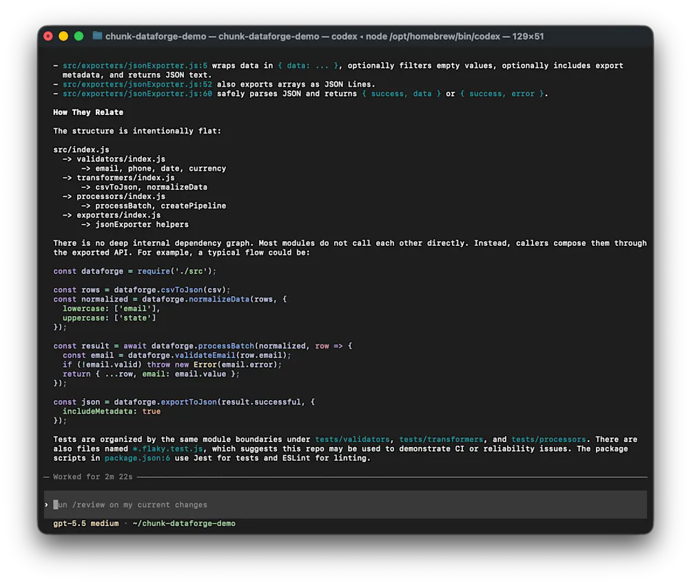 Codex CLI examining codebase structure after prompt