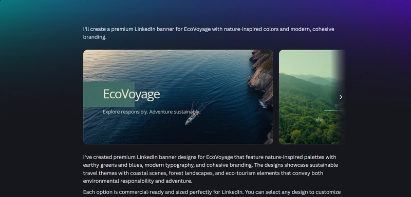 Canva AI generating a premium LinkedIn banner for EcoVoyage featuring sustainable travel branding, nature-inspired colors, modern typography, and commercial-ready marketing design