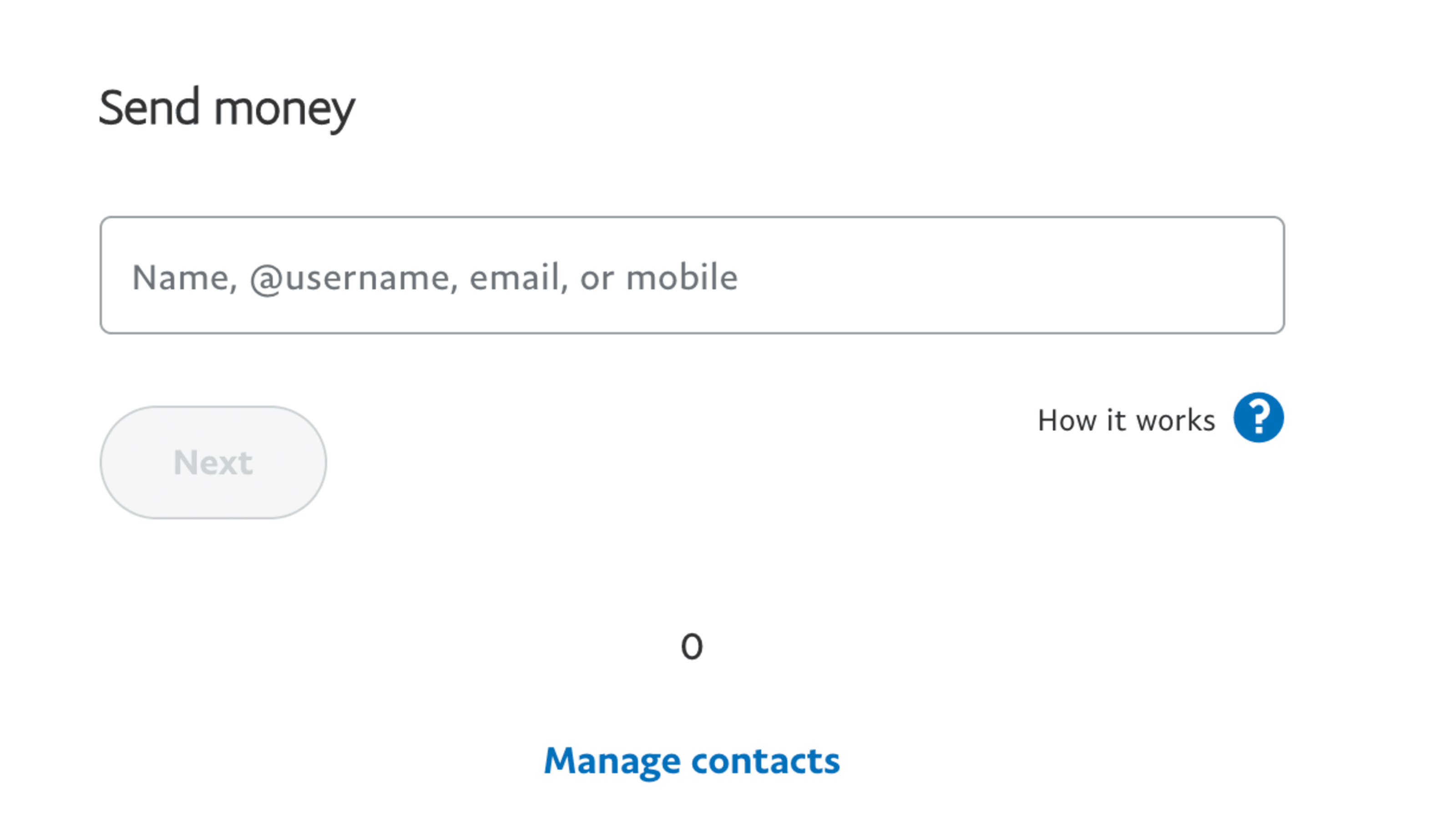 PayPal page with 0 instead of contacts
