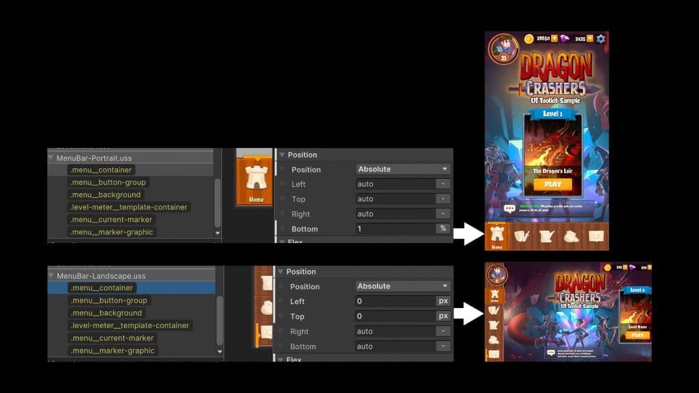 An image showing responsive UI in landscape and portrait in the Unity UI Toolkit sample