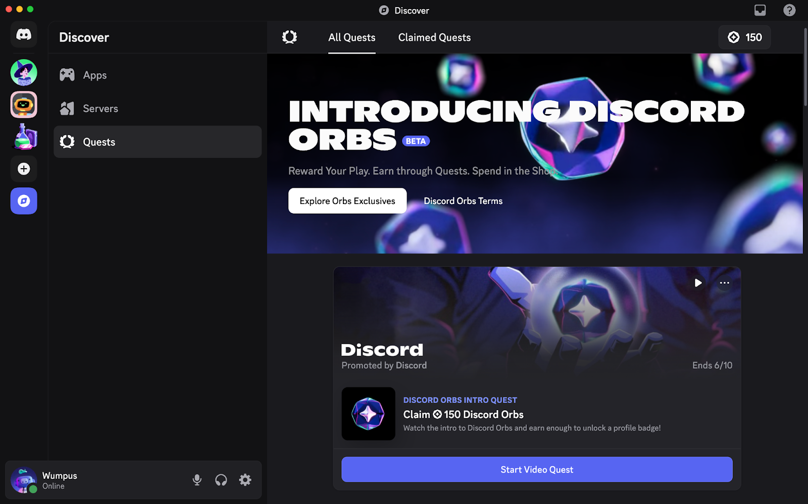 A screenshot of Quests Home featuring Discord Orbs.