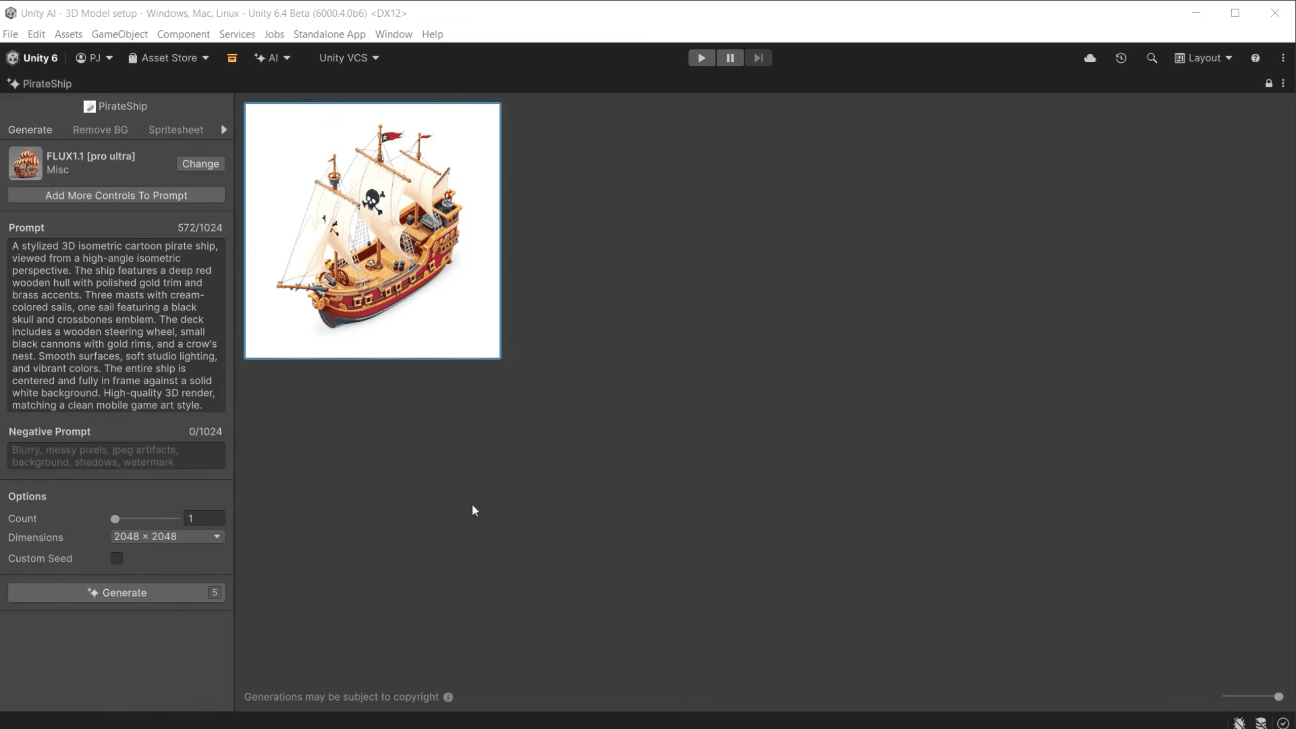 View of a final 3D-generated asset in the Unity Editor: A pirate ship on a transparent background.