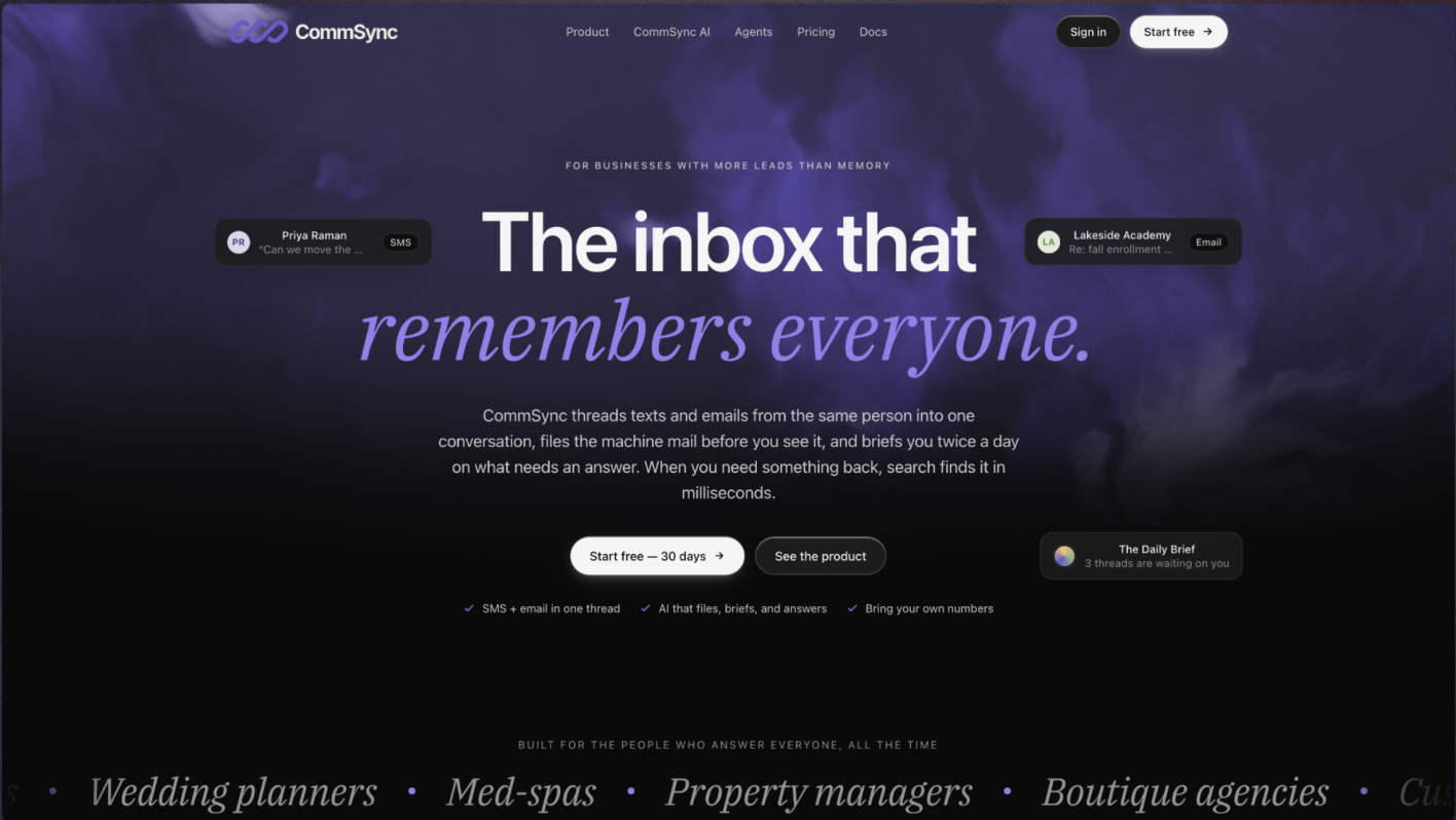 CommSync website highlighting its unified inbox for businesses