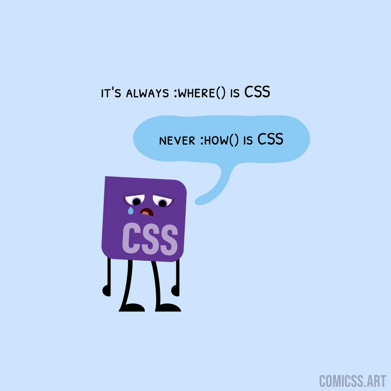 The CSS logo with arms, legs, and sad eyes saying: It's always :where() is CSS and never :how() is CSS