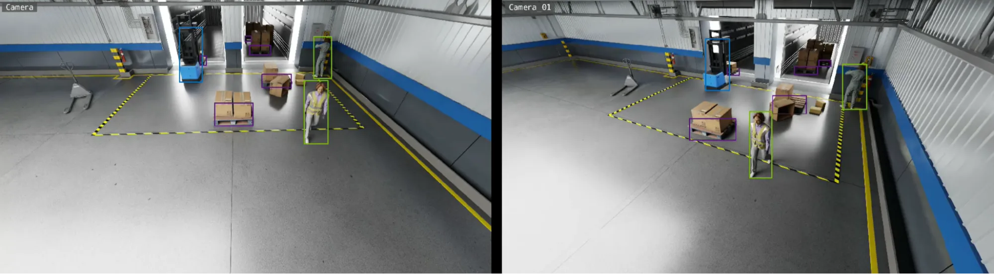 Two simulated warehouse camera feeds showing bounding boxes around a forklift, worker, and boxes in a loading area with yellow safety boundary markings.