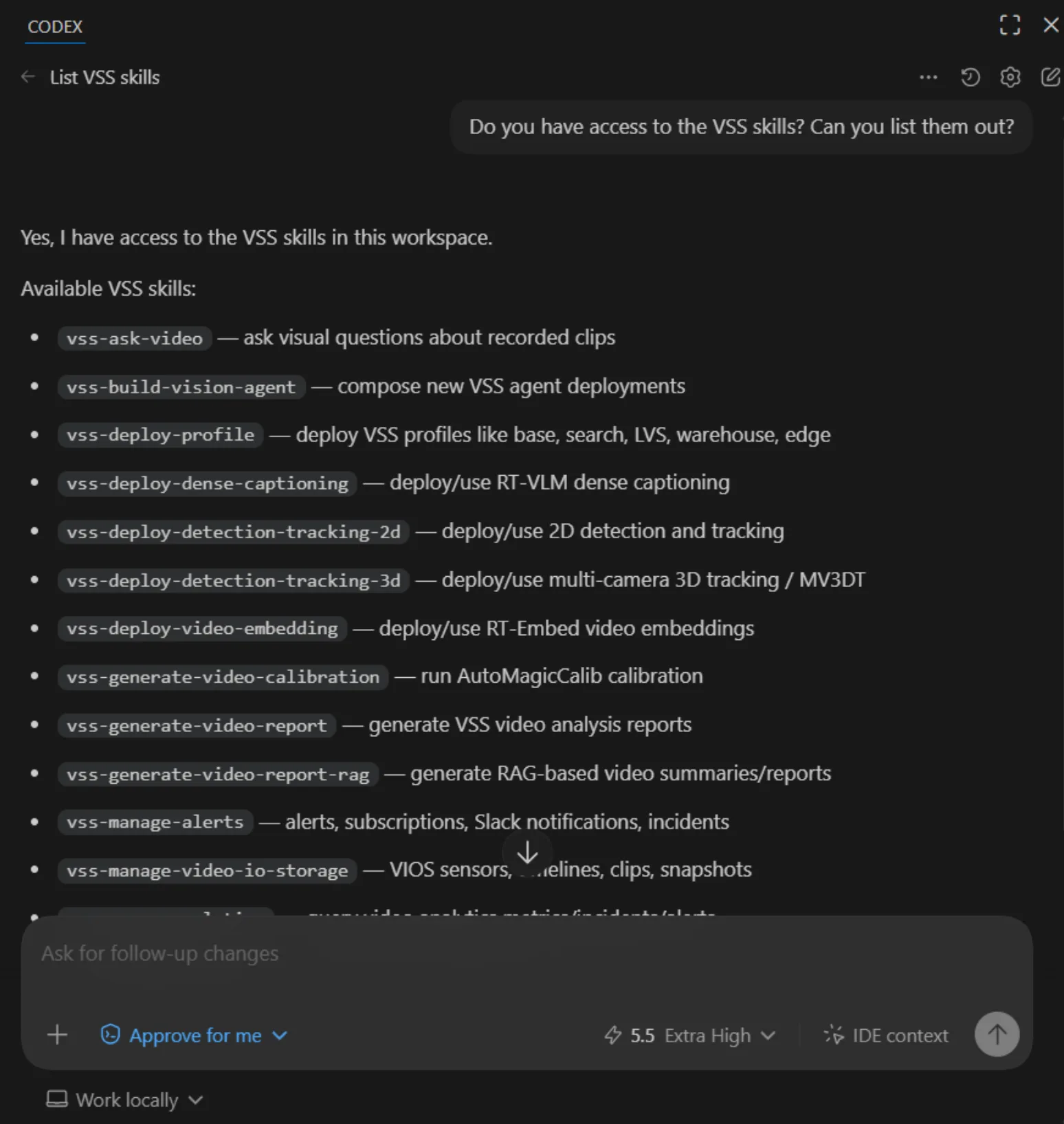 A screenshot from a Codex chat listing out the VSS skills it has available