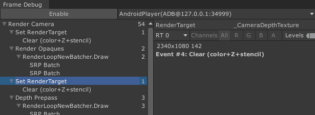 Viewing the Frame Debugger with device at full screen resolution