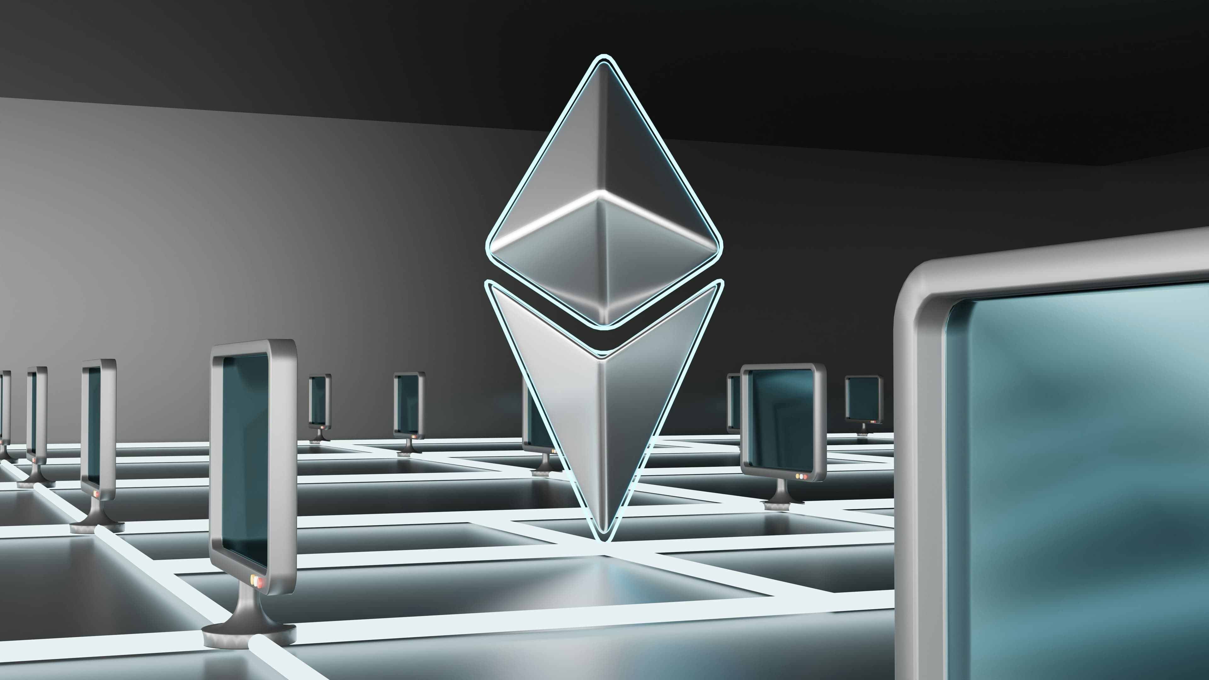 Graphic showing ethereum symbol on a grid with screens.