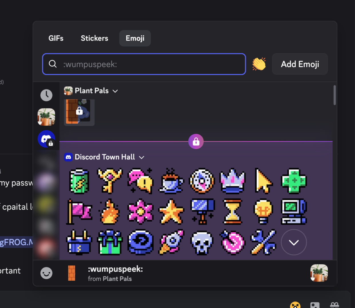 A screenshot of the emoji selector. Some emojis are greyed out due to the server’s moderation settings.