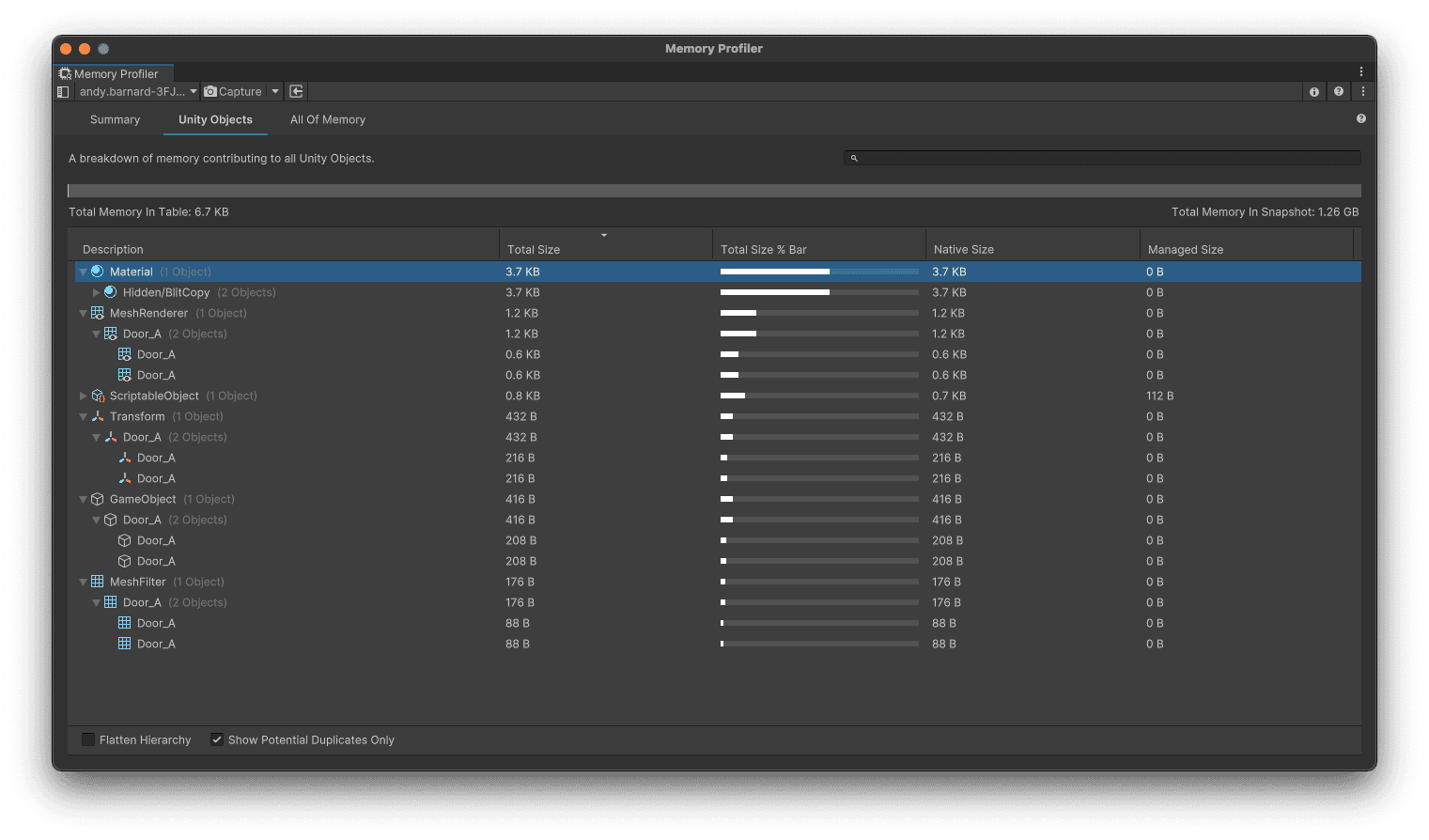 The unintentional duplicate material is no longer present in the Unity Objects table.