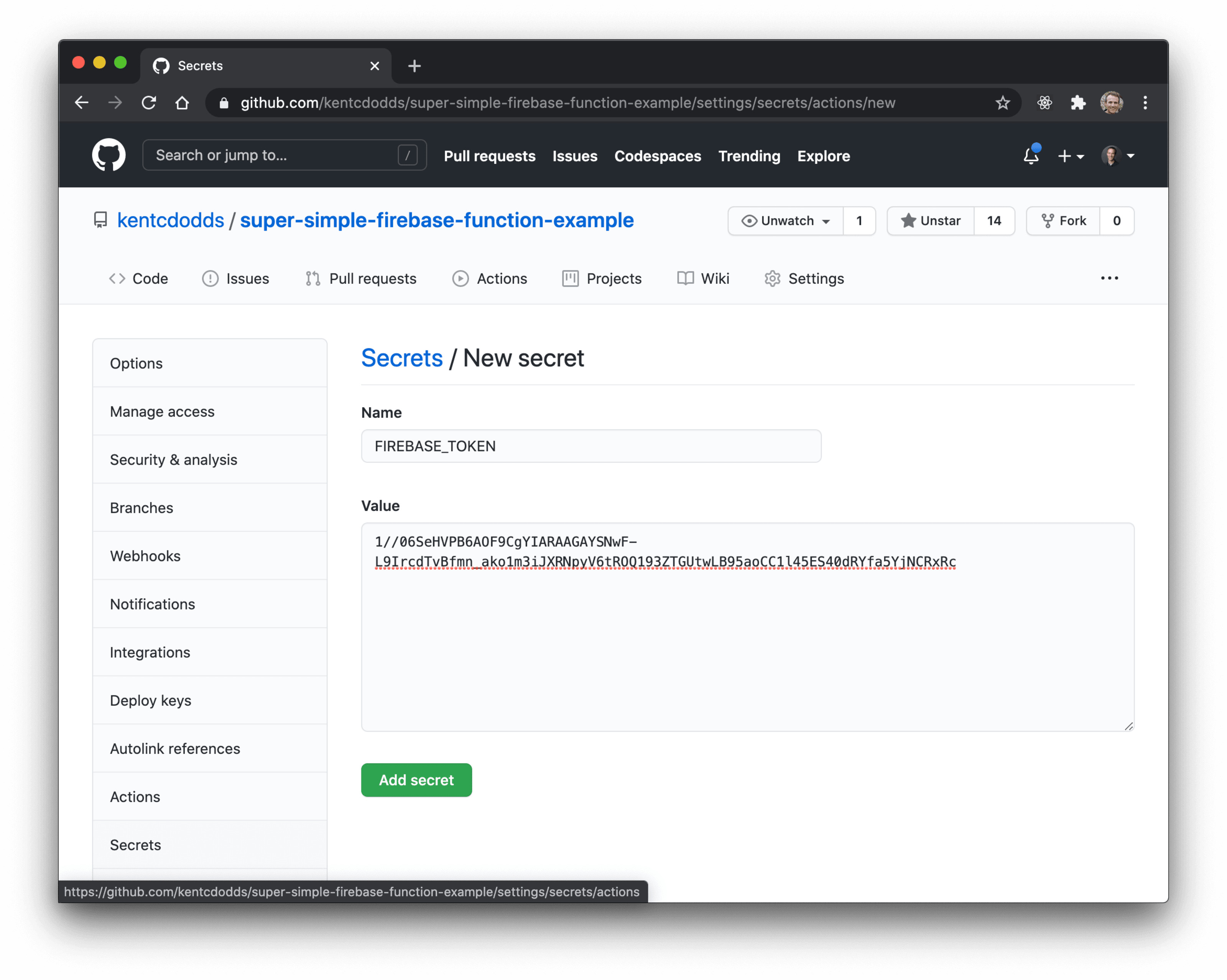 GitHub secrets UI adding the firebase token