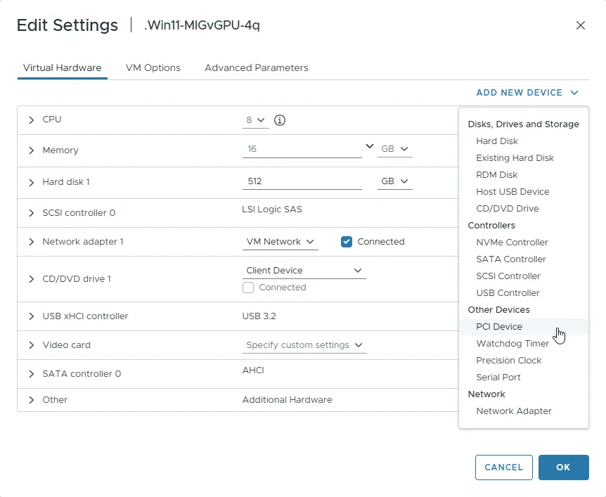 Screenshot showing the vSphere Client Edit Settings dialog for the Win11-MIGvGPU-4q VM, showing the Add New Device dropdown menu with PCI Device selected by a mouse cursor.