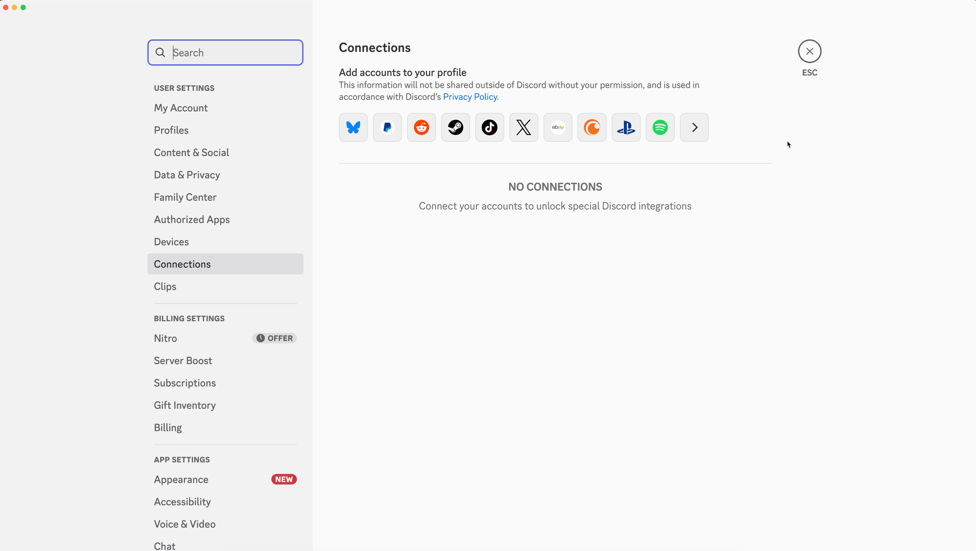 The PlayStation and Xbox buttons in Connections settings.