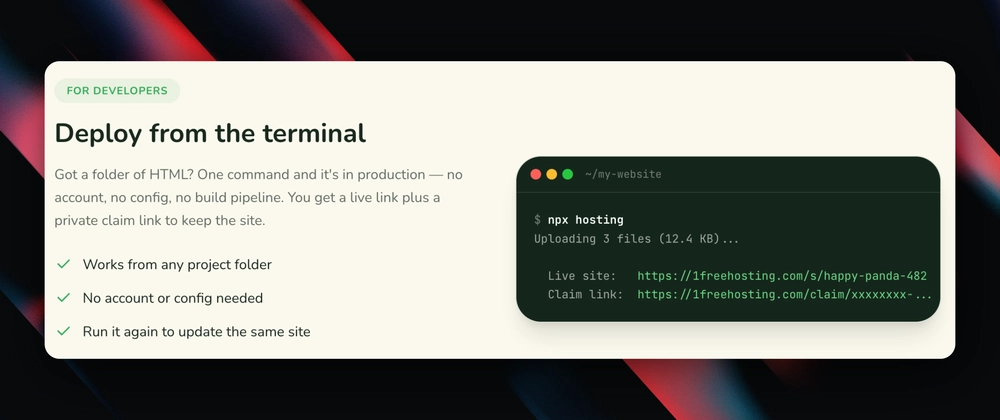 Cover image for npx hosting — deploy any folder to a live URL in one command, no account