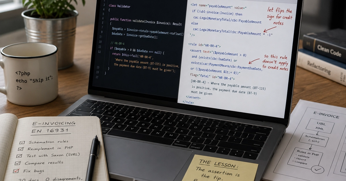 Implementing EN 16931 national rules in PHP — and the trap that faked a bug on every credit note