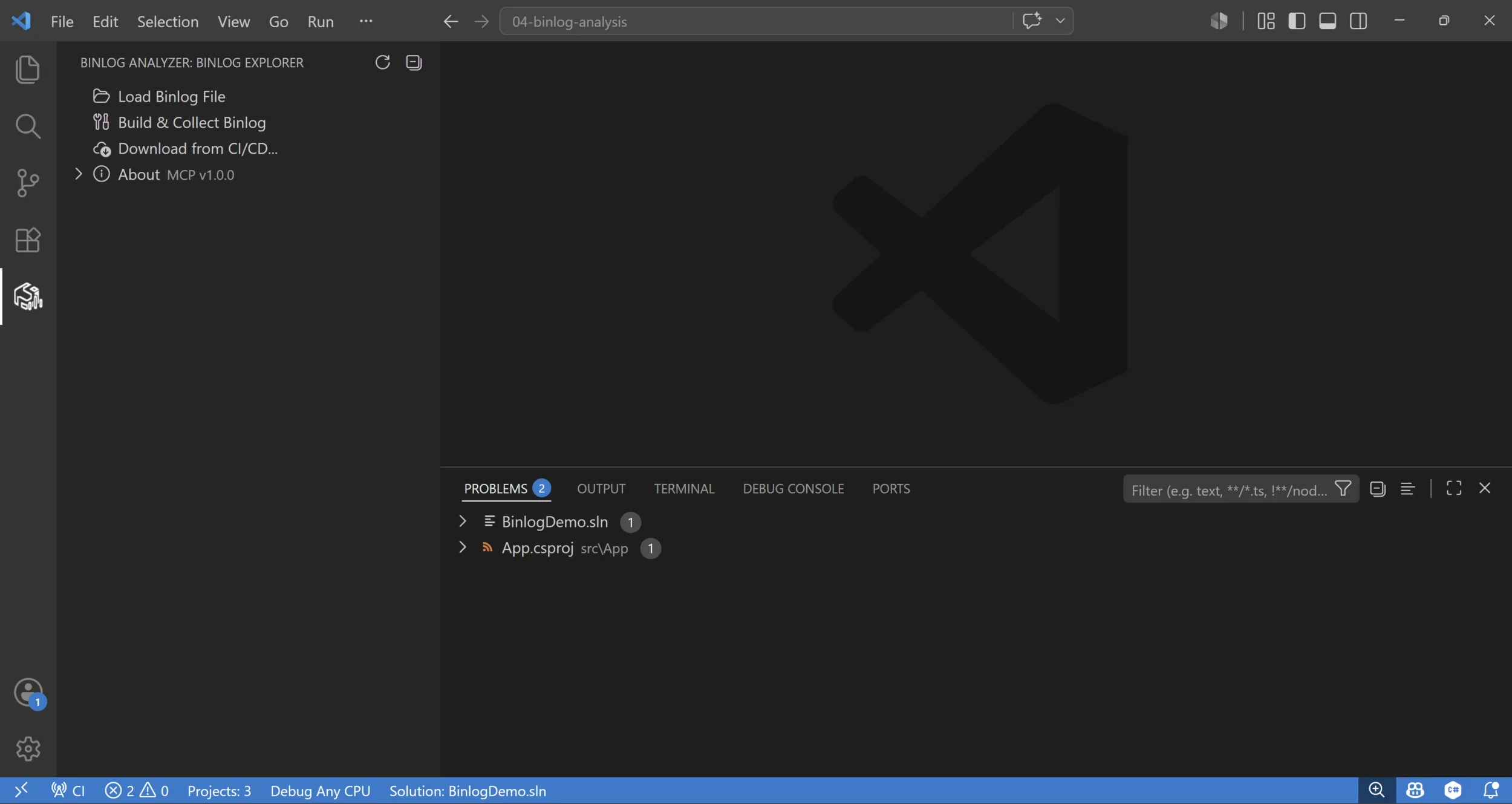 Binlog Explorer sidebar before a log loads, showing Load, Build & Collect, and Download from CI/CD actions.
